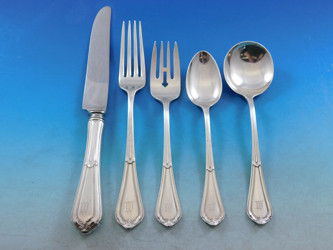 Dominick & Haff La Salle Sterling Silver Flatware Set 43 pcs with M Monogram: Dominick & Haff La Salle Sterling Silver Flatware Set 43 pcs with M Monogram Discover the elegance of the La Salle flatware set by Dominick & Haff, crafted from sterling silver, dating back to the per