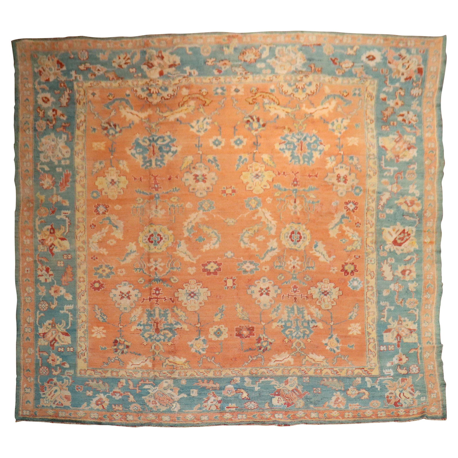 Antique Turkish Oushak Rug Pumpkin Orange 12'10" x 14'6" Hand-Woven 19th Century: Antique Turkish Oushak Rug Pumpkin Orange 12'10" x 14'6" Hand-Woven 19th Century This exquisite antique Oushak rug from the late 19th century features a stunning pumpkin orange field accented by a bea