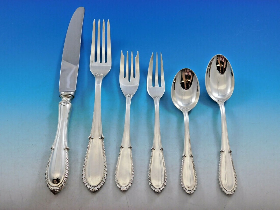 Buccellati Villa d'Este Sterling Silver Flatware Set 51 pcs Italy: Buccellati Villa d'Este Sterling Silver Flatware Set 51 pcs Italy Enhance your dining experience with this exquisite 51-piece Villa d'Este flatware set by Buccellati, Italy, crafted from sterling silv