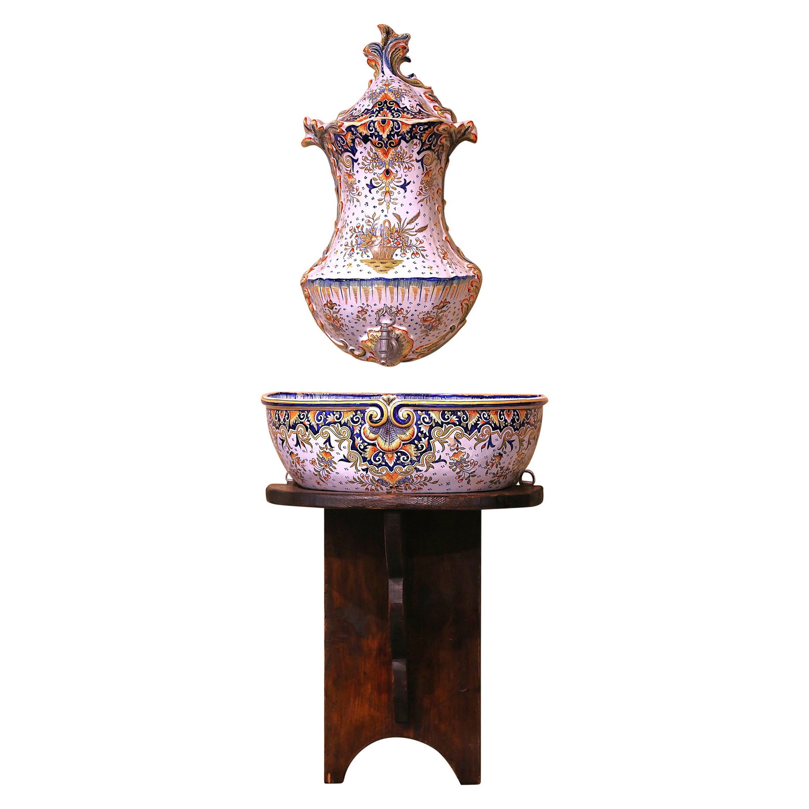Antique 1920 French Hand-Painted Faience Lavabo Fountain with Stand: Antique 1920 French Hand-Painted Faience Lavabo Fountain with Stand This exquisite Early 20th Century French Hand Painted Wall Faience Lavabo Fountain is a stunning addition to any entryway or hallway