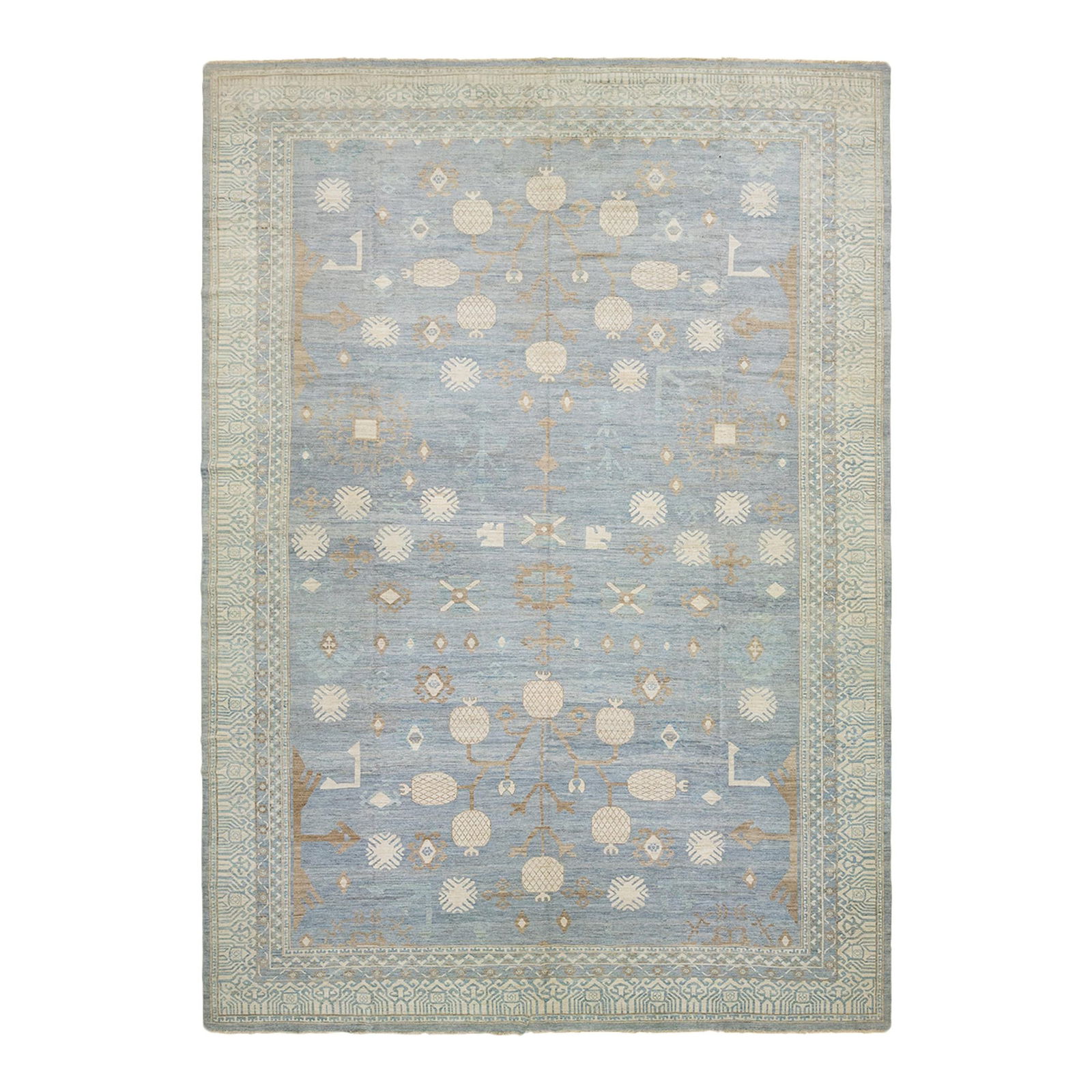 Handmade Oversized Khotan Style Wool Rug 16'1 x 22'8 Blue Geometric Design: Handmade Oversized Khotan Style Wool Rug 16'1 x 22'8 Blue Geometric Design Enhance your space with this stunning oversized Khotan style wool rug, meticulously handmade in India. Featuring a serene lig