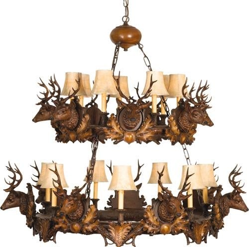 USA-Made Lodge Style Two-Tier Stag Head Chandelier: USA-Made Lodge Style Two-Tier Stag Head Chandelier Illuminate your space with this exquisite USA-Made Two-Tier Stag Head Chandelier, crafted to order in a charming antique or vintage style. This stunn