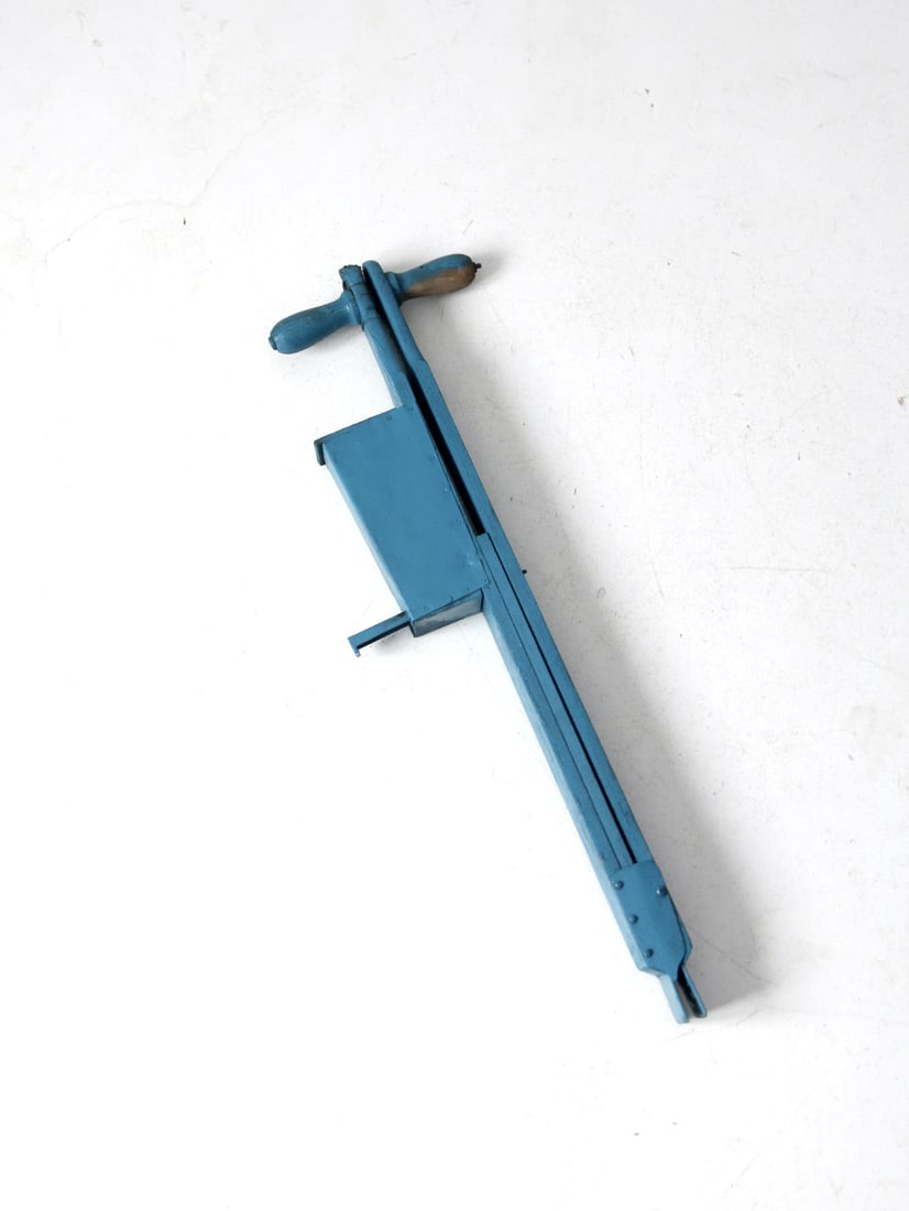 Antique Hand-Built Aquamarine Corn Seed Planter 36.5in: Antique Hand-Built Aquamarine Corn Seed Planter 36.5in This antique primitive corn seed planter is a unique hand-built wooden farm tool, showcasing a vibrant aquamarine blue paint that adds an eye-cat