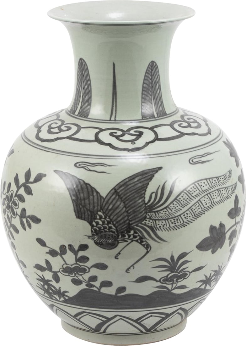 Chinoiserie Black Pheasant Ceramic Vase Handmade 15H: Chinoiserie Black Pheasant Ceramic Vase Handmade 15H Introducing an elegantly crafted ceramic vase featuring a striking black pheasant design. This handmade, hand-painted piece showcases a long neck a