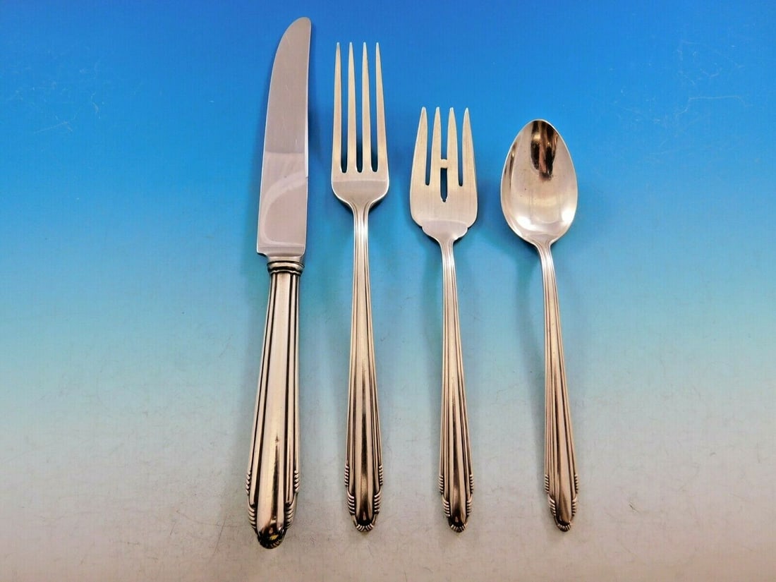 Dominick & Haff Contempora Sterling Silver Flatware Set for 8 - 37 Pcs Art Deco Design: Dominick & Haff Contempora Sterling Silver Flatware Set for 8 - 37 Pcs Art Deco Design This exquisite Contempora Sterling Silver Flatware Set by Dominick & Haff is a stunning representation of Art Dec