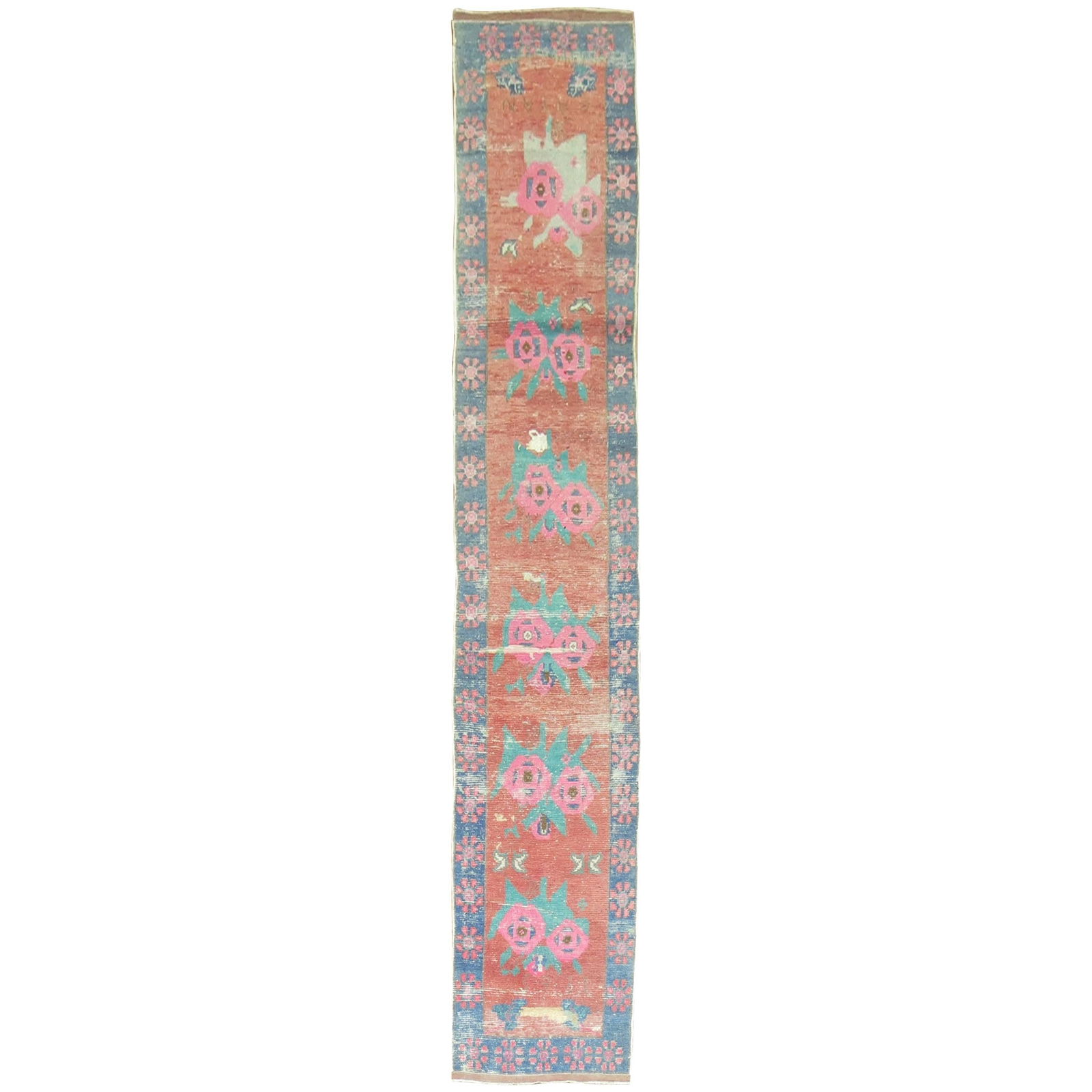 Zabihi Collection 1965 Turkish Floral Runner 21 x 109 Wool Hand-Knotted: Zabihi Collection 1965 Turkish Floral Runner 21 x 109 Wool Hand-Knotted This exquisite Turkish floral narrow runner from the Zabihi Collection showcases a beautiful repetitive flower design, embodying