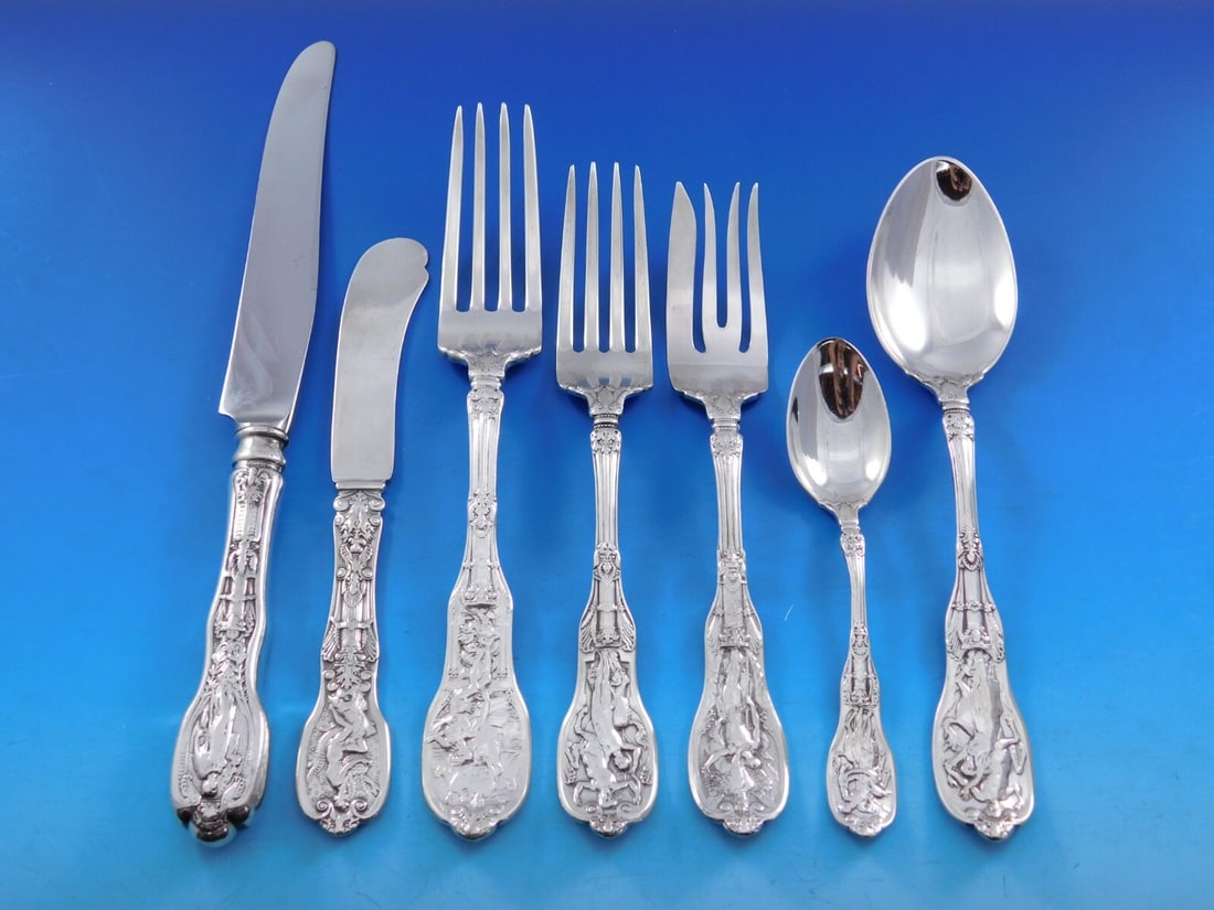 Gorham Mythologique Sterling Silver Flatware Set 91 pcs Dinner Service: Gorham Mythologique Sterling Silver Flatware Set 91 pcs Dinner Service This exquisite 91-piece sterling silver flatware set, known as Mythologique by Gorham, showcases a rich history of design and cra