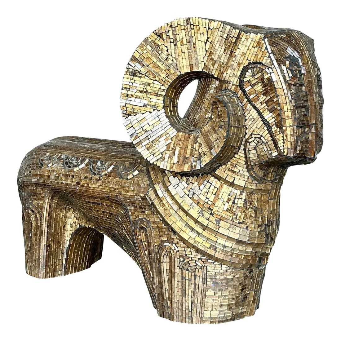 Vintage Boho Glass Mosaic Abstract Ram Sculpture 18.75 W: Vintage Boho Glass Mosaic Abstract Ram Sculpture 18.75 W Enhance your space with this captivating Vintage Boho Glass Mosaic Abstract Ram sculpture. Meticulously crafted with shimmering gold and bronze