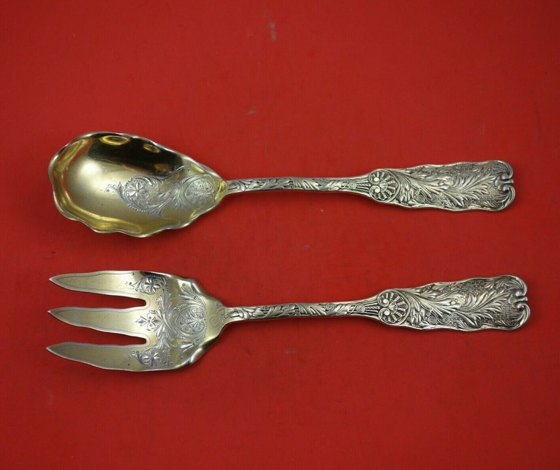 Gorham Saint Cloud Sterling Silver Salad Serving Set 2pc 8 5/8" Bright-Cut Gold Wash: Gorham Saint Cloud Sterling Silver Salad Serving Set 2pc 8 5/8" Bright-Cut Gold Wash This exquisite 2-piece salad serving set features the elegant Saint Cloud pattern by Gorham, crafted from high-qual