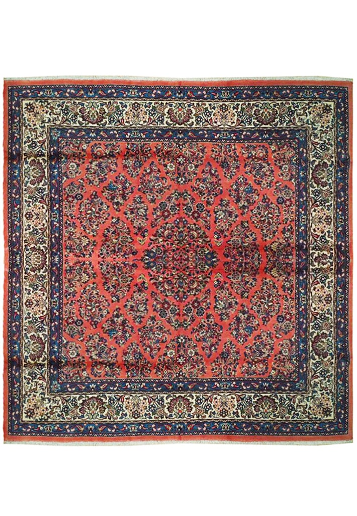 7' x 7'6" Dark Coral Handmade Persian Sarouk Rug: 7' x 7'6" Dark Coral Handmade Persian Sarouk Rug Free continental US Shipping Transform your living space with the exquisite 7' x 7' 6" Dark Coral Fine Persian Sarouk Rug. Handcrafted by skilled Persi