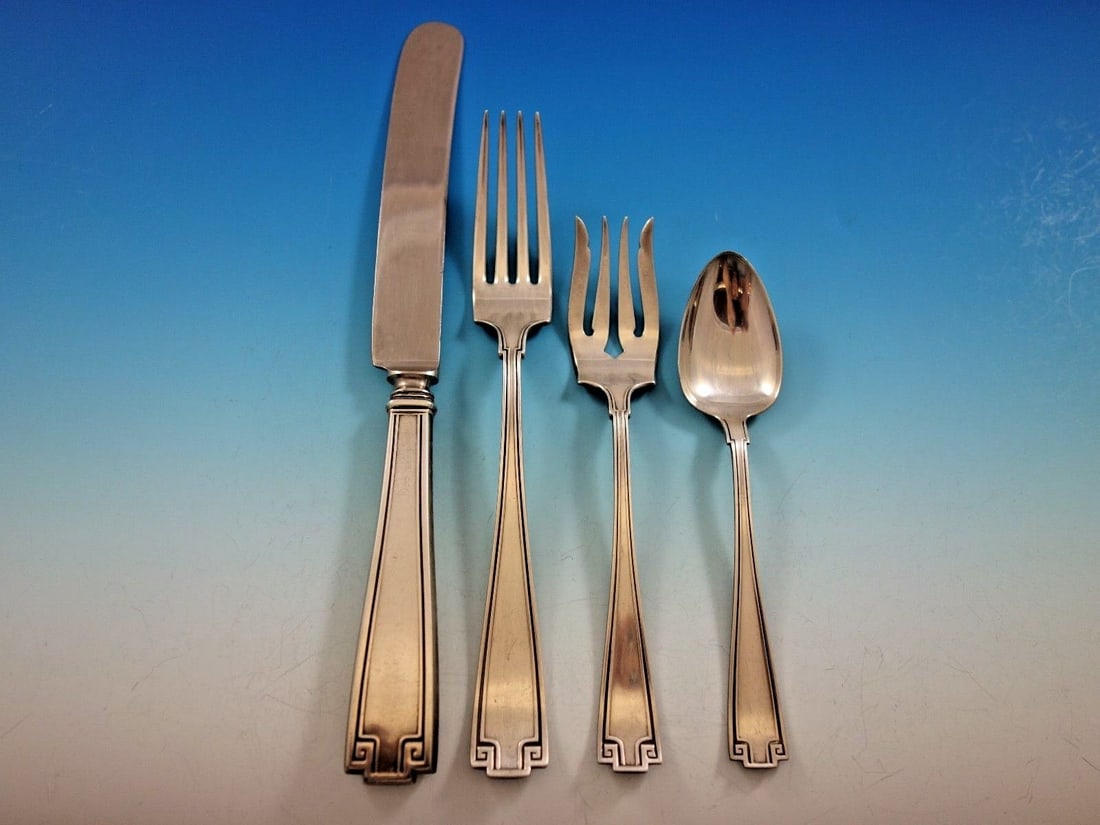 Gorham Etruscan Sterling Silver Flatware Set for 8 34 Pieces Art Deco: Gorham Etruscan Sterling Silver Flatware Set for 8 34 Pieces Art Deco Elevate your dining experience with this exquisite Etruscan Sterling Silver Flatware Set by Gorham, crafted between 1900 and 1940.
