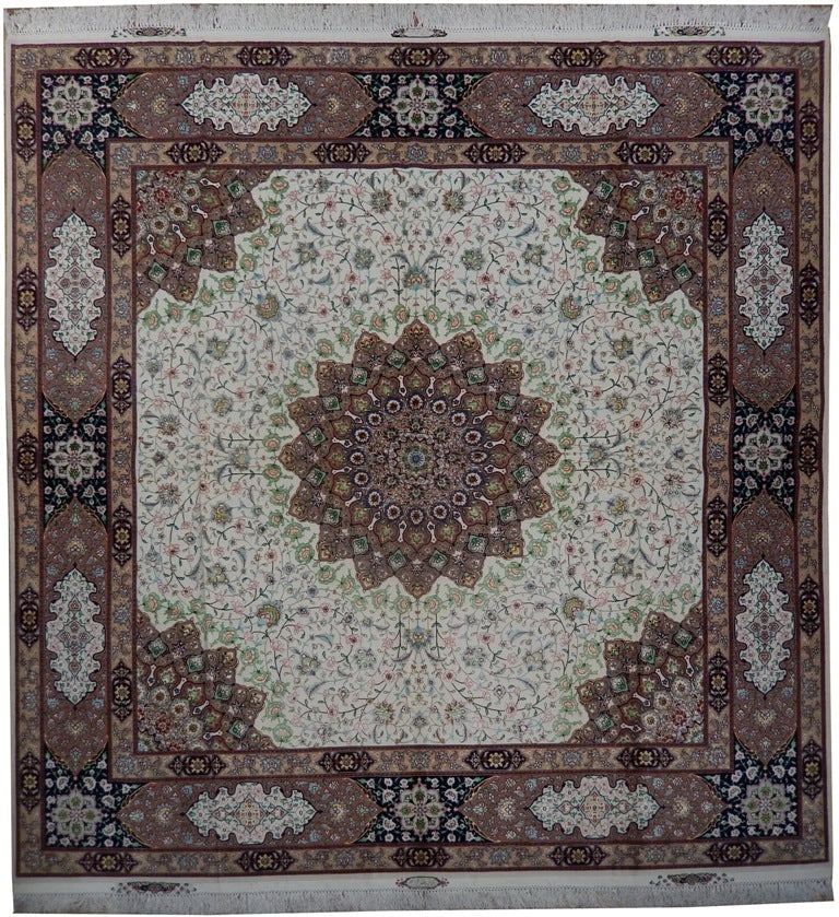 Authentic Persian 70 Raj Tabriz Rug 9.7 x 10 Handmade Silk Wool Carpet: Authentic Persian 70 Raj Tabriz Rug 9.7 x 10 Handmade Silk Wool Carpet Free continental US Shipping This exquisite 9.7 x 10 Authentic Persian Tabriz rug features a stunning combination of high-quality