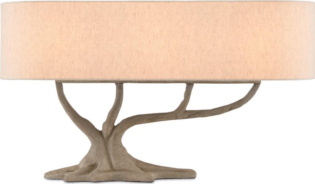 Currey Cotswold Concrete Faux Bois Table Lamp 17H 30W 10D: Currey Cotswold Concrete Faux Bois Table Lamp 17H 30W 10D Illuminate your space with the Cotswold Faux Bois Table Lamp, featuring a striking blend of materials including brass, concrete, and a linen s