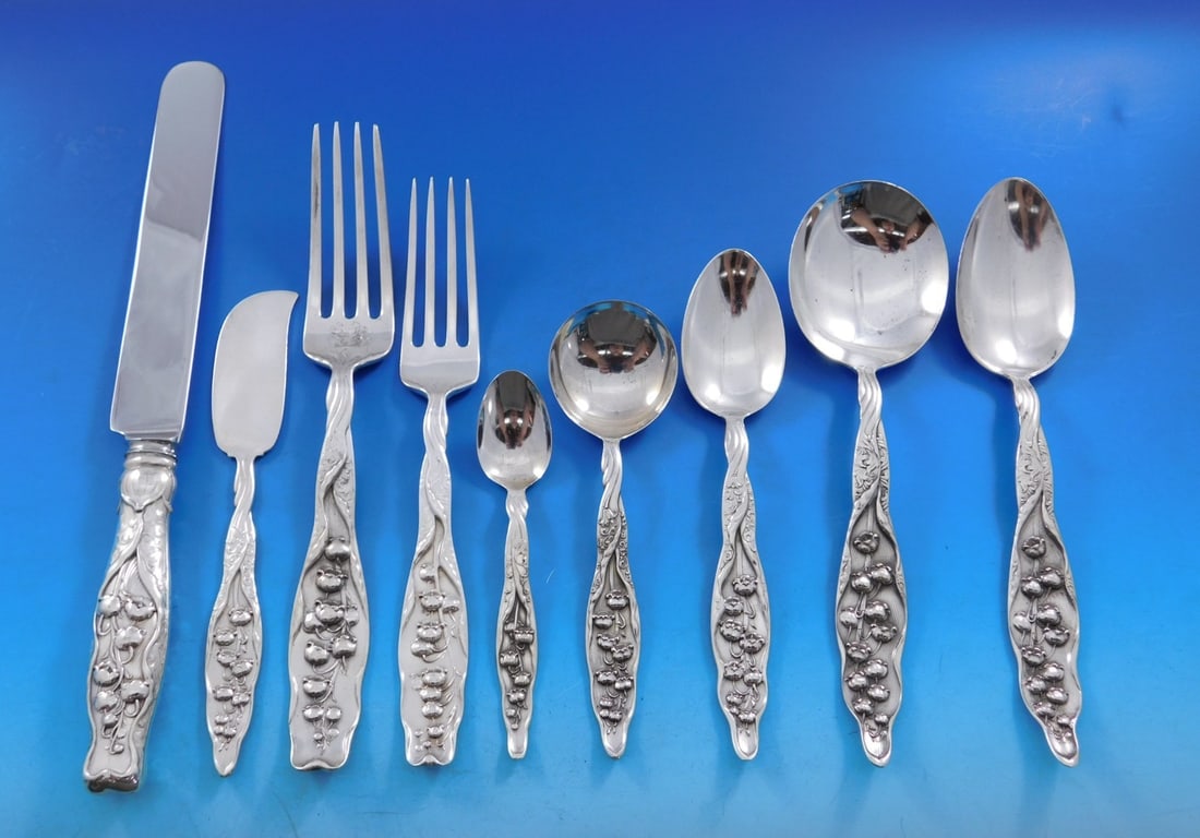Whiting Lily of the Valley Sterling Silver Flatware Set 120 Pieces Art Nouveau: Whiting Lily of the Valley Sterling Silver Flatware Set 120 Pieces Art Nouveau This exquisite Lily of the Valley flatware set by Whiting showcases the elegance of the Art Nouveau style, crafted from f