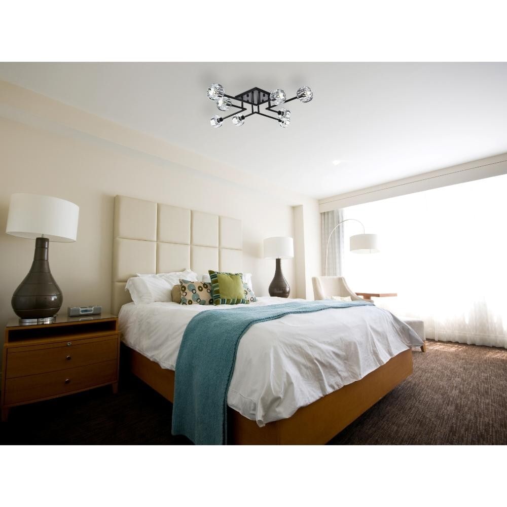 Eren 31 Inch Black Flush Mount Chandelier with 8 Crystal Shades: Eren 31 Inch Black Flush Mount Chandelier with 8 Crystal Shades Introducing the Eren 31-inch Flush Mount Black Chandelier, a sophisticated blend of elegance and practicality for any room in your home.