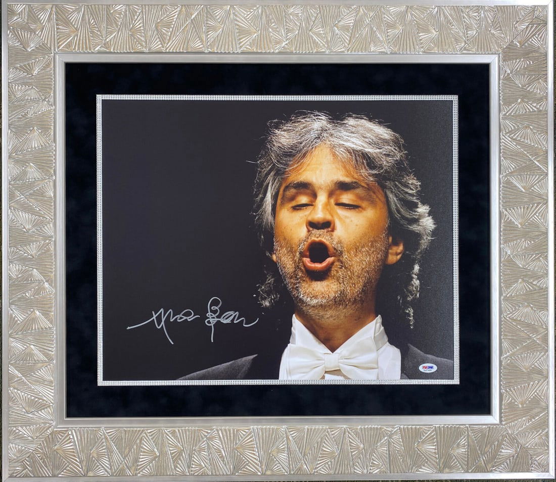 Andrea Bocelli Signed 16x20 Concert Photo Custom Framed PSA/DNA: Andrea Bocelli Signed 16x20 Concert Photo Custom Framed PSA/DNA This stunning display features a signed 16" x 20" concert photograph of Andrea Bocelli, beautifully custom framed to a size of 27" x 32"