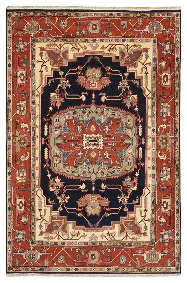 Hand-Knotted 9 x 11.9 Serapi Rug in Navy Red Ivory: Hand-Knotted 9 x 11.9 Serapi Rug in Navy Red Ivory Free continental US Shipping Elevate your home decor with the exquisite 9 x 11.9 Serapi Rug, a stunning hand-knotted masterpiece that seamlessly blen