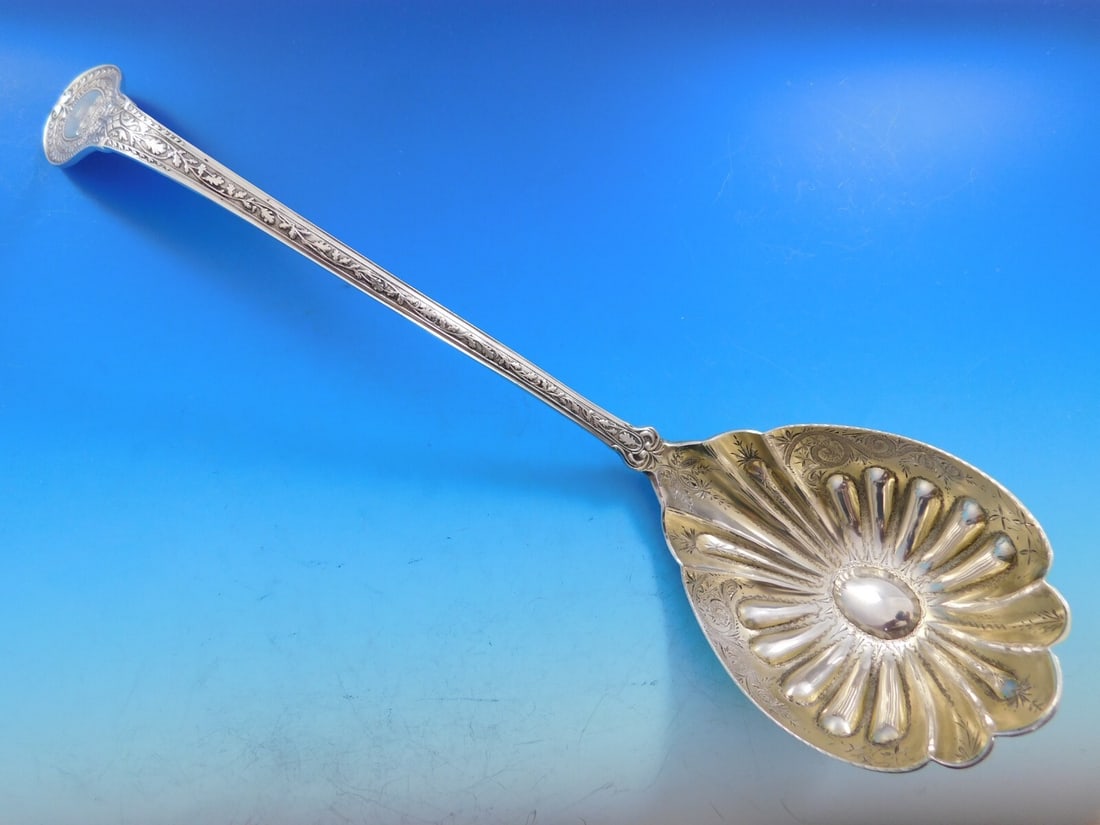 Shiebler Gypsy Sterling Silver Soup Ladle 13.5" Monogrammed Fancy Bowl: Shiebler Gypsy Sterling Silver Soup Ladle 13.5" Monogrammed Fancy Bowl Introducing the exquisite Gypsy soup ladle by Shiebler, a stunning addition to any silverware collection. This ladle, measuring 1