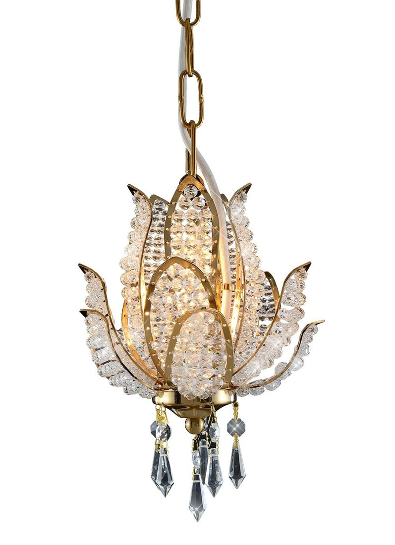 Artistry 1 Light 10in Asfour Crystal Flower Chandelier 24K Gold Finish: Artistry 1 Light 10in Asfour Crystal Flower Chandelier 24K Gold Finish Illuminate your space with this stunning 1-Light Chandelier from the Flower Collection, featuring a luxurious 24K gold-plated fra