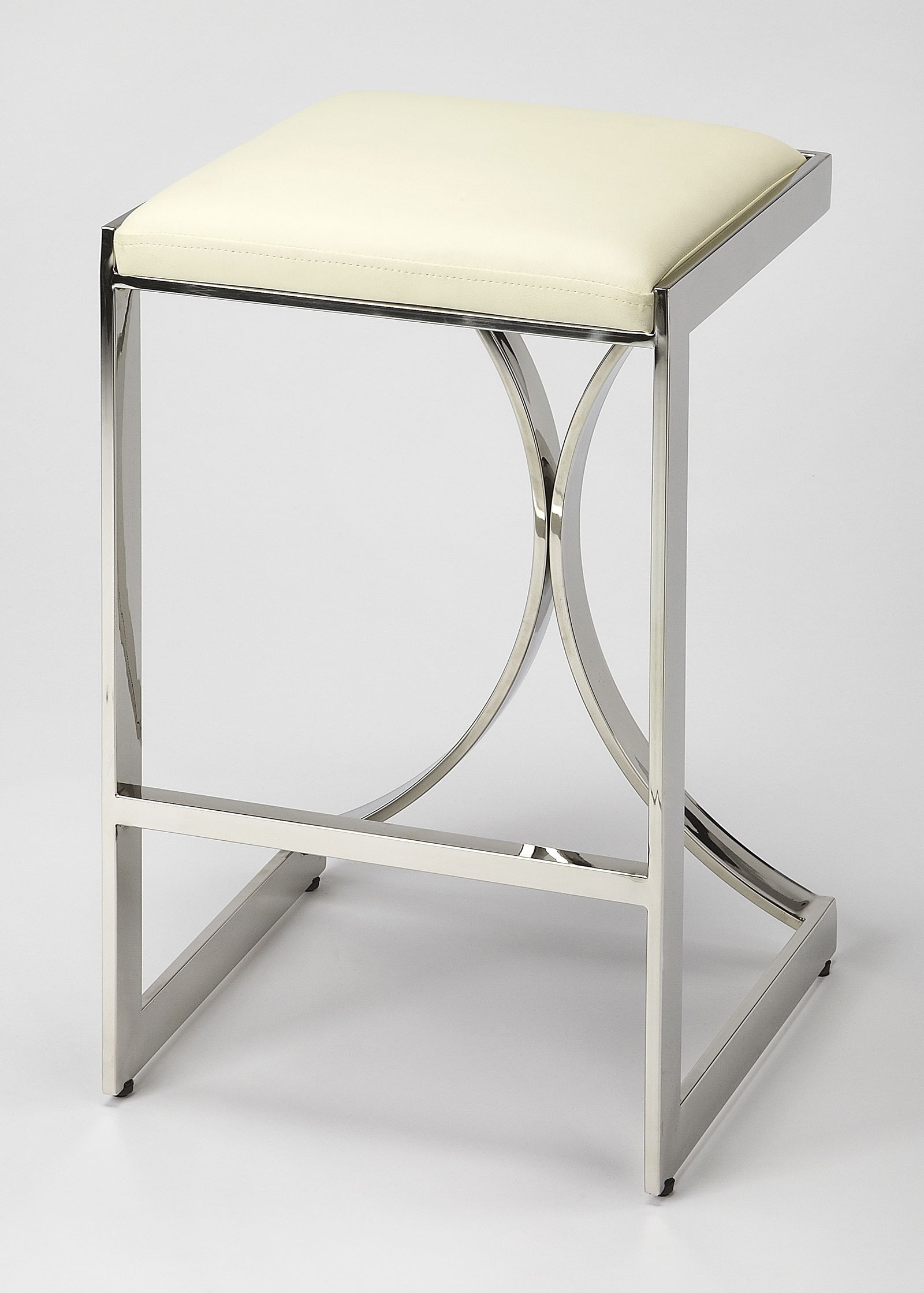 Butler Elegant Nickel Silver Counter Stool Faux Leather Seat: Butler Elegant Nickel Silver Counter Stool Faux Leather Seat This elegant silver counter stool features a contemporary design with a faux leather seat, perfect for modern interiors. The stool boasts a