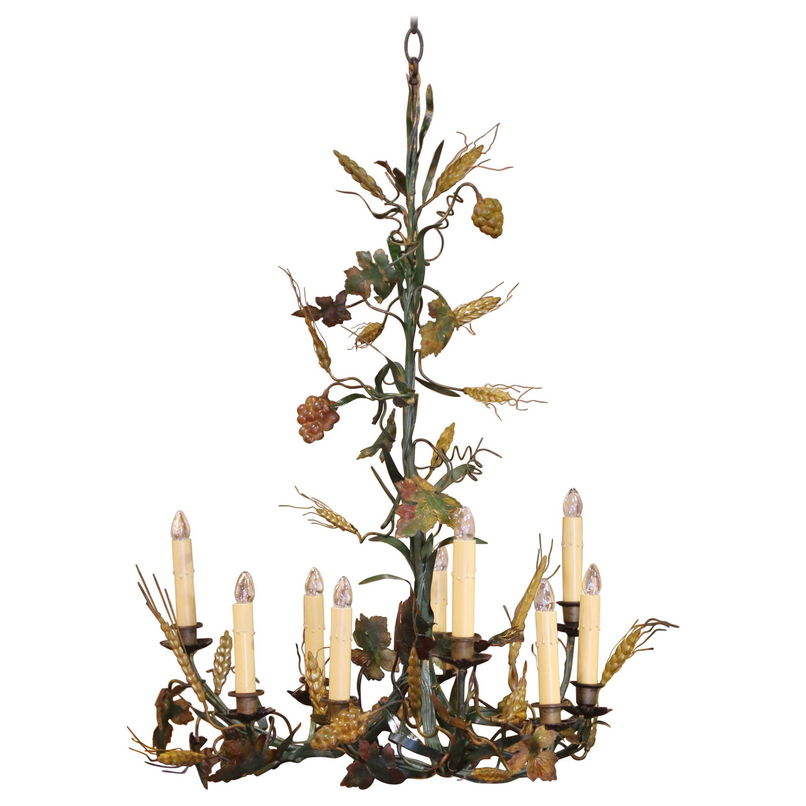 19th Century Italian Hand Painted Brass Chandelier with Grape and Wheat Motifs: 19th Century Italian Hand Painted Brass Chandelier with Grape and Wheat Motifs This exquisite 19th century Italian chandelier is a stunning representation of rustic elegance, crafted around 1880. Made