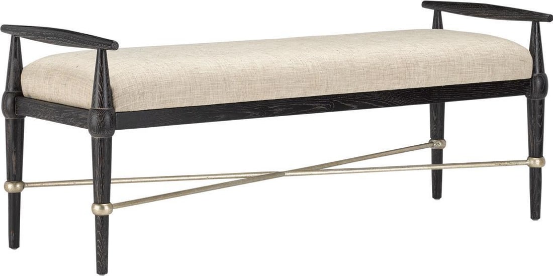 Currey Perrin Ebonized Oak Bench with Silver Iron Mid-Century Modern: Currey Perrin Ebonized Oak Bench with Silver Iron Mid-Century Modern Discover the elegant Perrin Ebonized Oak Bench, a perfect blend of mid-century modern style and contemporary design. This sophistic