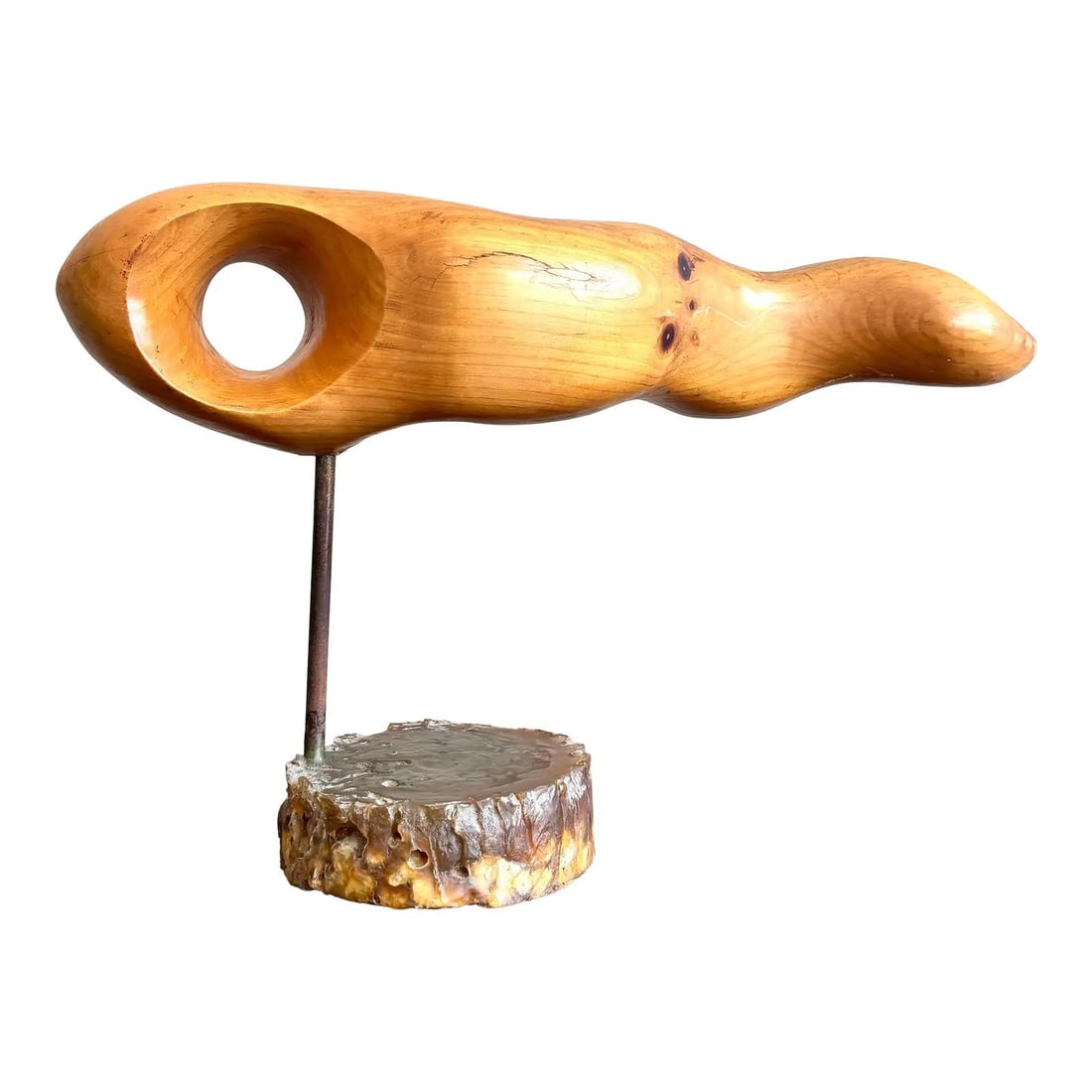 James Coutant 2002 Vintage Boho Wood Sculpture with Resin Base: James Coutant 2002 Vintage Boho Wood Sculpture with Resin Base Discover this captivating vintage Boho carved wood sculpture by James Coutant, crafted in 2002. This piece exemplifies organic minimalism