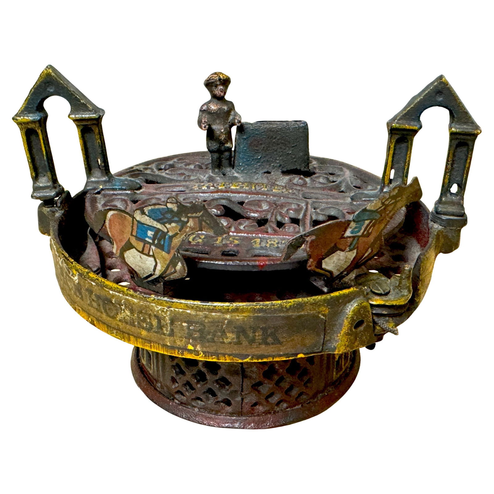 Rare 19th Century Cast Iron Race Horse Bank by J & E Stevens Co 1871: Rare 19th Century Cast Iron Race Horse Bank by J & E Stevens Co 1871 Discover a rare 19th-century cast iron Race Horse bank by J & E Stevens Co., patented on August 15, 1871. This beautifully crafted