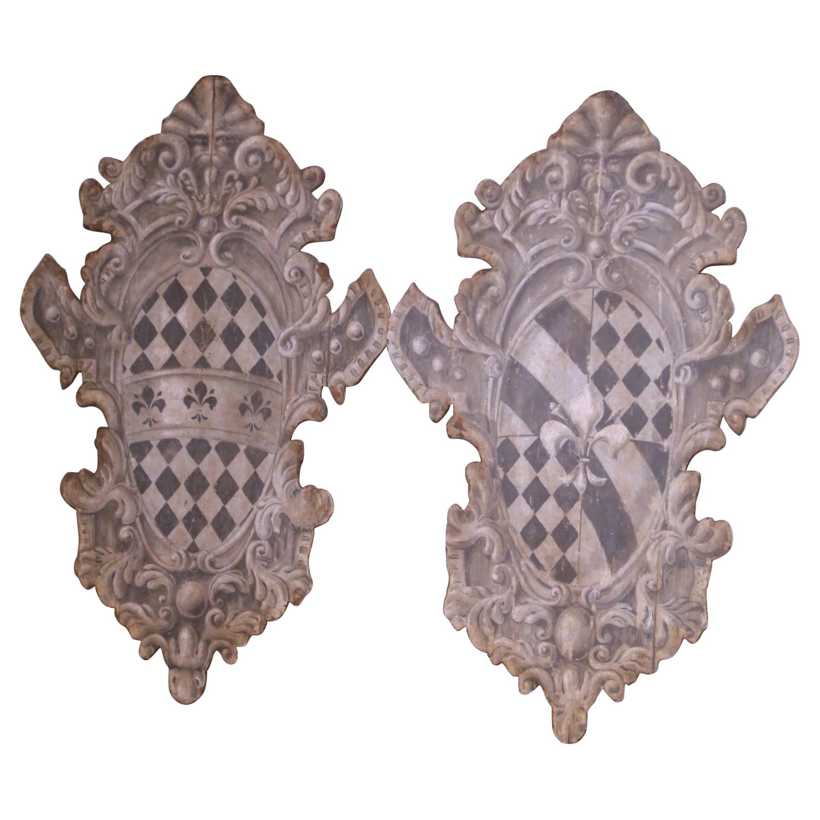 Set of Two Italian Painted Wood Heraldic Shield Wall Panels Circa 1920: Set of Two Italian Painted Wood Heraldic Shield Wall Panels Circa 1920 This pair of early 20th-century Italian painted wood wall panels features hand-carved and hand-painted heraldic shields, crafted