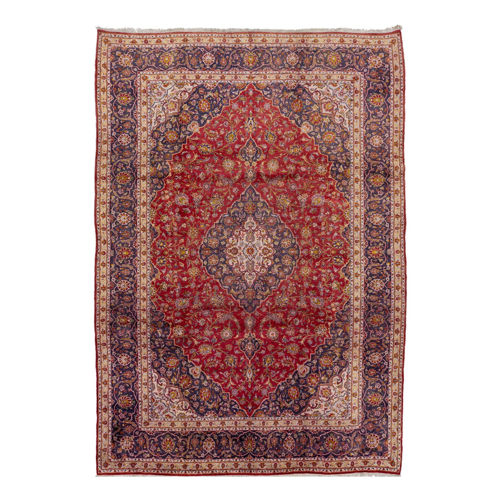 1950s Handmade Vintage Isfahan Wool Rug 10' x 14' Red Medallion: 1950s Handmade Vintage Isfahan Wool Rug 10' x 14' Red Medallion This exquisite 1950s vintage Isfahan wool rug features a striking red background adorned with a captivating medallion motif and multicol