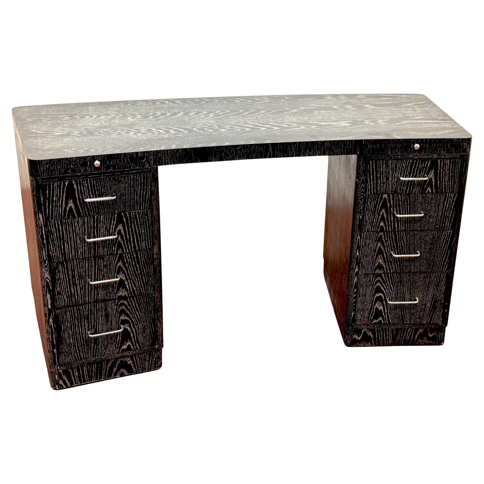 Vintage Cerused Oak Executive Desk in James Mont Style: Vintage Cerused Oak Executive Desk in James Mont Style Discover this striking vintage cerused oak executive desk, inspired by the elegant designs of James Mont. Crafted in the 20th century, this doubl