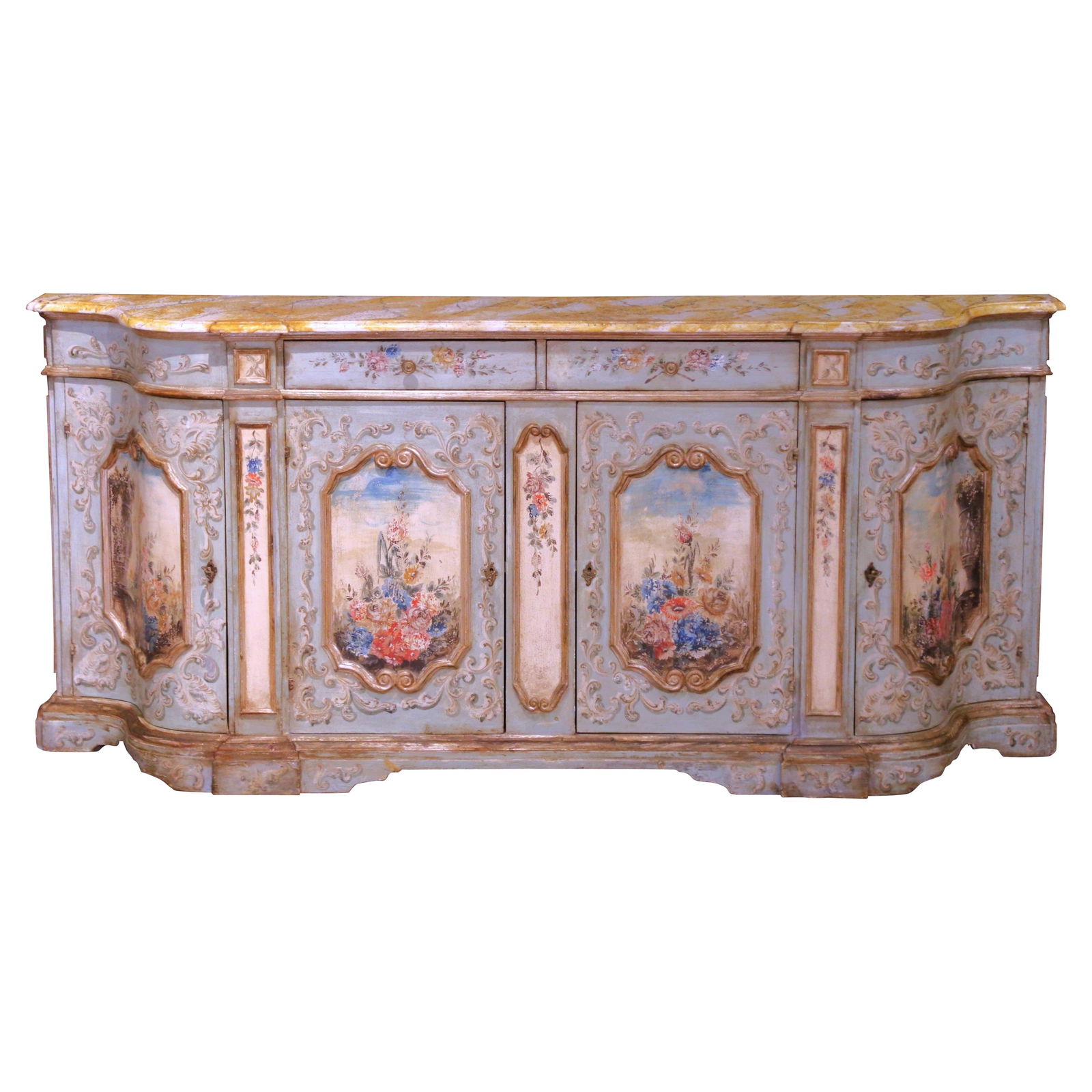 Rococo Venetian Sideboard with Faux Marble Top and Floral Panels: Rococo Venetian Sideboard with Faux Marble Top and Floral Panels Experience the elegance of early 20th-century Venetian design with this stunning painted sideboard from Italy, crafted circa 1920. This