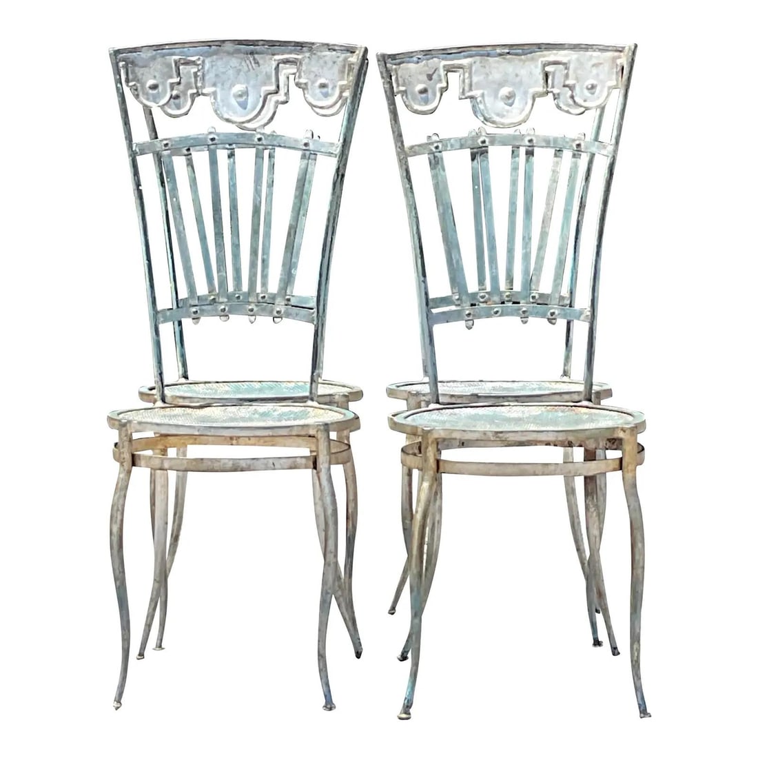 Set of 4 Vintage Wrought Iron Carousel Chairs Boho Charm: Set of 4 Vintage Wrought Iron Carousel Chairs Boho Charm Transform your indoor or outdoor space with this enchanting set of four vintage wrought iron carousel chairs. Each chair showcases intricately