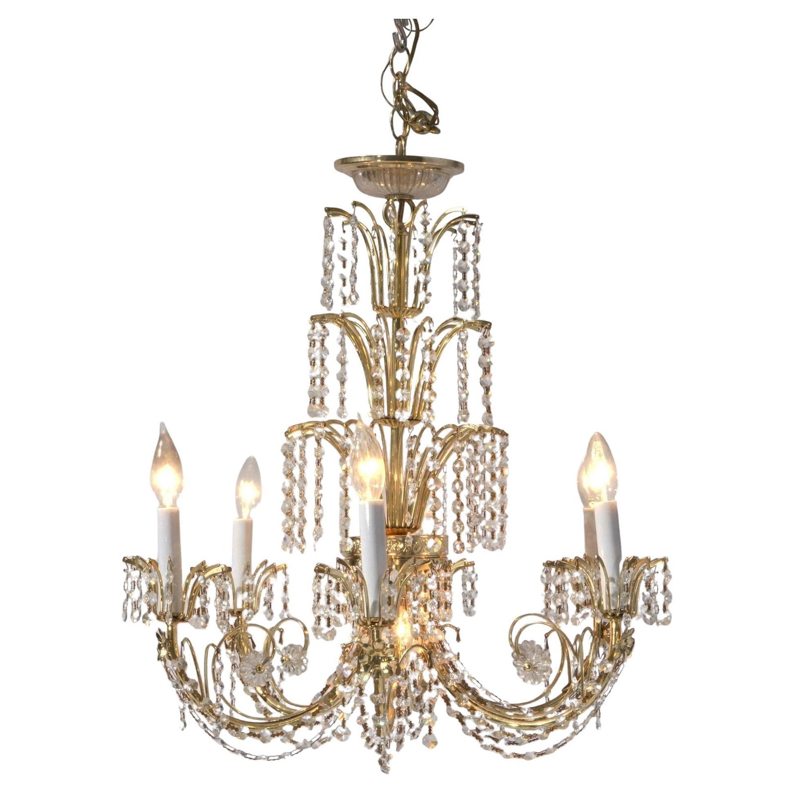 20th Century French Brass Crystal Tiered Prism Chandelier: 20th Century French Brass Crystal Tiered Prism Chandelier Illuminate your space with this exquisite French Style Brass & Crystal Tiered Prism Chandelier from the 20th century. This stunning piece feat