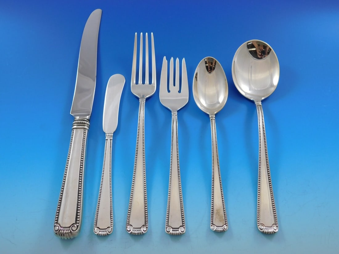 Blackinton Scroll and Bead Sterling Silver Flatware Set 53 pcs for 8: Blackinton Scroll and Bead Sterling Silver Flatware Set 53 pcs for 8 Enhance your dining experience with the exquisite Scroll and Bead Sterling Silver Flatware Set by Blackinton, designed to serve up