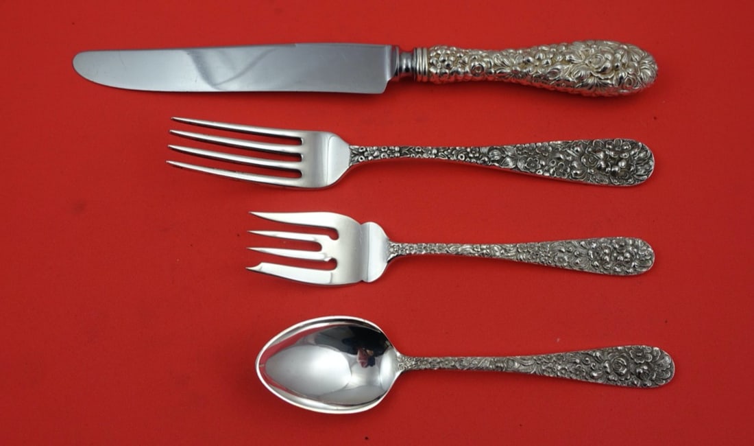 Stieff Rose Sterling Silver 4-Piece Dinner Place Setting: Stieff Rose Sterling Silver 4-Piece Dinner Place Setting This exquisite 4-piece dinner size place setting in the Rose pattern by Stieff is crafted from high-quality sterling silver, dating from 1900 t