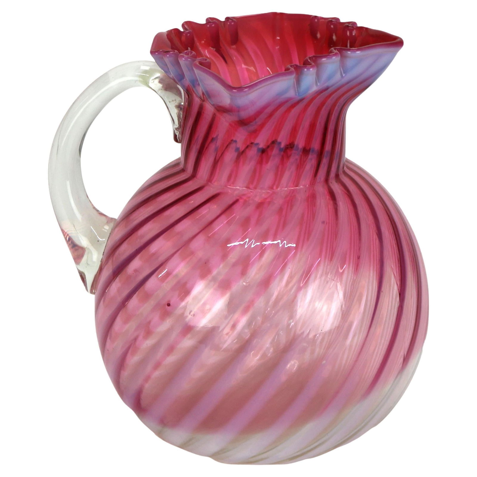 Cranberry Opalescent Glass Juice Pitcher Ruffled Rim Art Glass 20th Century (1 of 9)