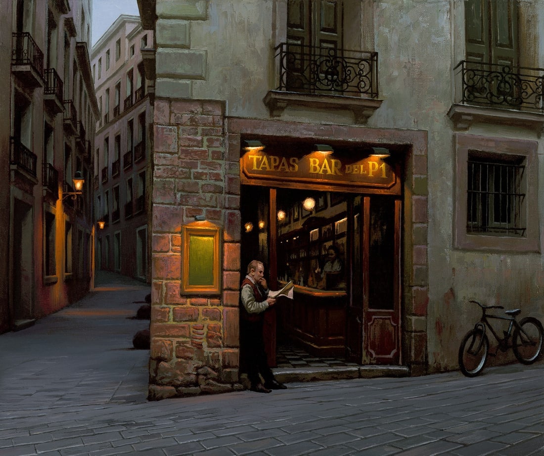 Alexei Butirskiy Tapas in Barcelona Signed Limited Edition Giclee Print 20 x 17: Alexei Butirskiy Tapas in Barcelona Signed Limited Edition Giclee Print 20 x 17 This stunning artwork, titled "Tapas in Barcelona," is a signed limited edition giclee on canvas by the talented artist