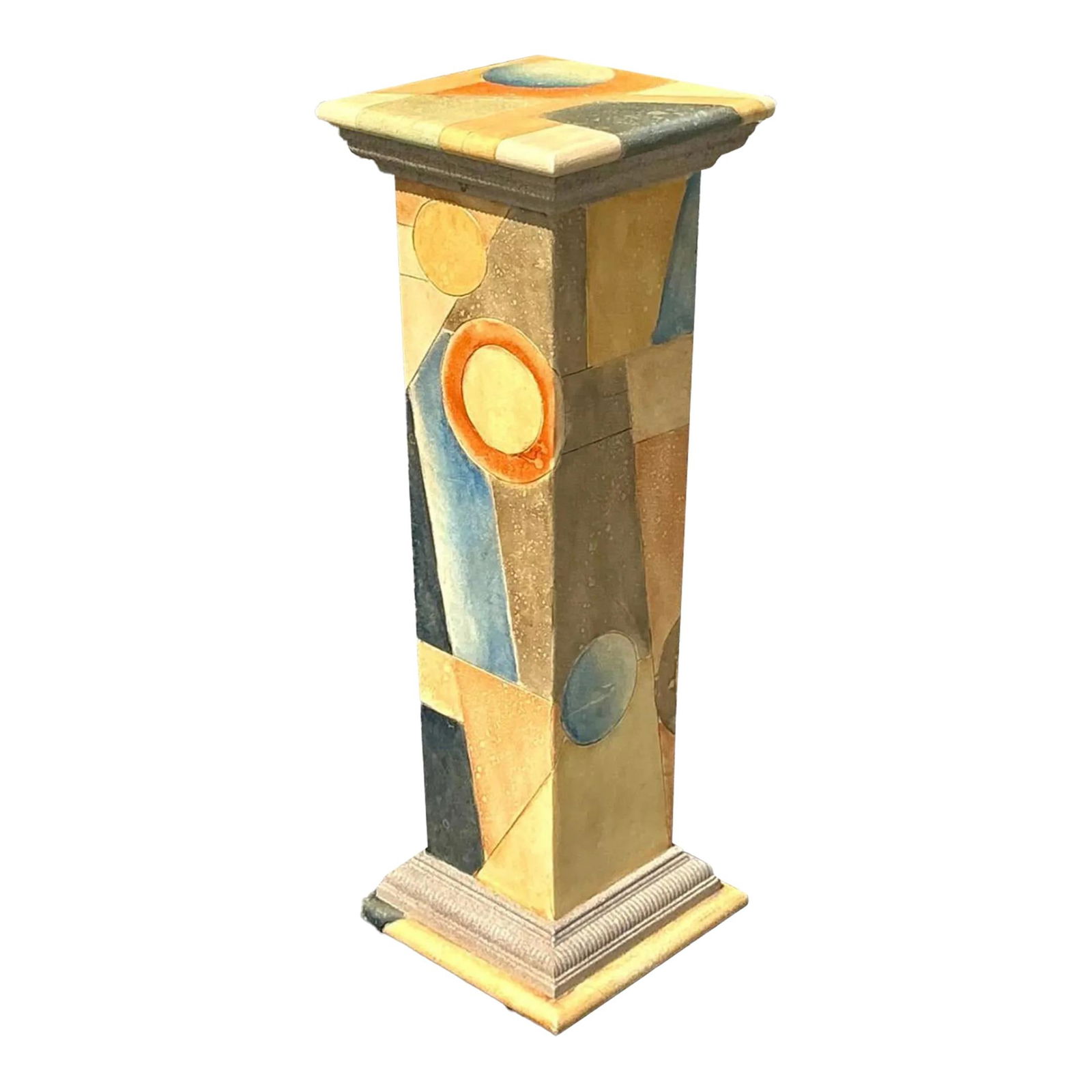 Vintage Boho Hand Painted Geometric Pedestal 36.25" Tall: Vintage Boho Hand Painted Geometric Pedestal 36.25" Tall Enhance your home decor with this Vintage Boho Hand Painted Geometric Pedestal. This eye-catching piece showcases a vibrant, hand-painted geome