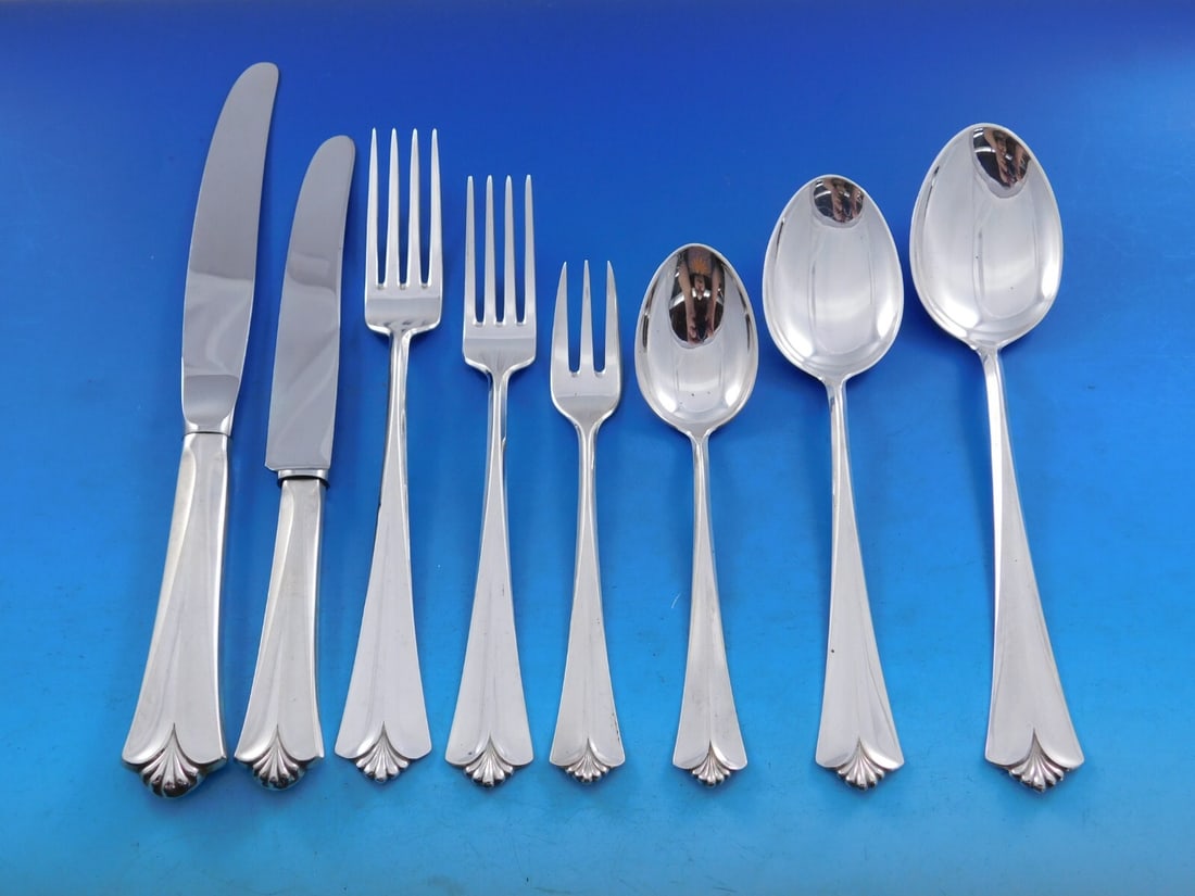 David Andersen Town Hall 830 Silver Flatware Set 75 Pieces: David Andersen Town Hall 830 Silver Flatware Set 75 Pieces Enhance your dining experience with the exquisite Town Hall flatware set by David Andersen. This elegant collection features 75 pieces crafte