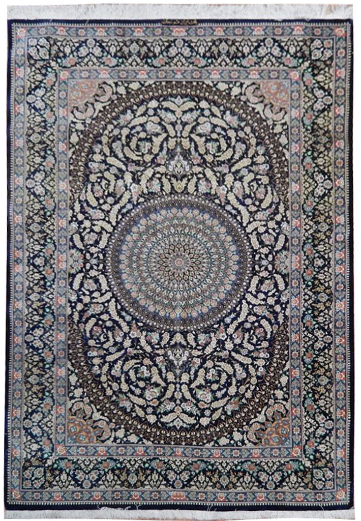 Authentic Persian Qum Rug 4.6 x 6.3 ft Signed Silk Navy Blue: Authentic Persian Qum Rug 4.6 x 6.3 ft Signed Silk Navy Blue Free continental US Shipping Introducing an exquisite 4.6 x 6.3 foot Authentic Iran Signed Super Fine Silk Persian Qum Rug, a true masterpi