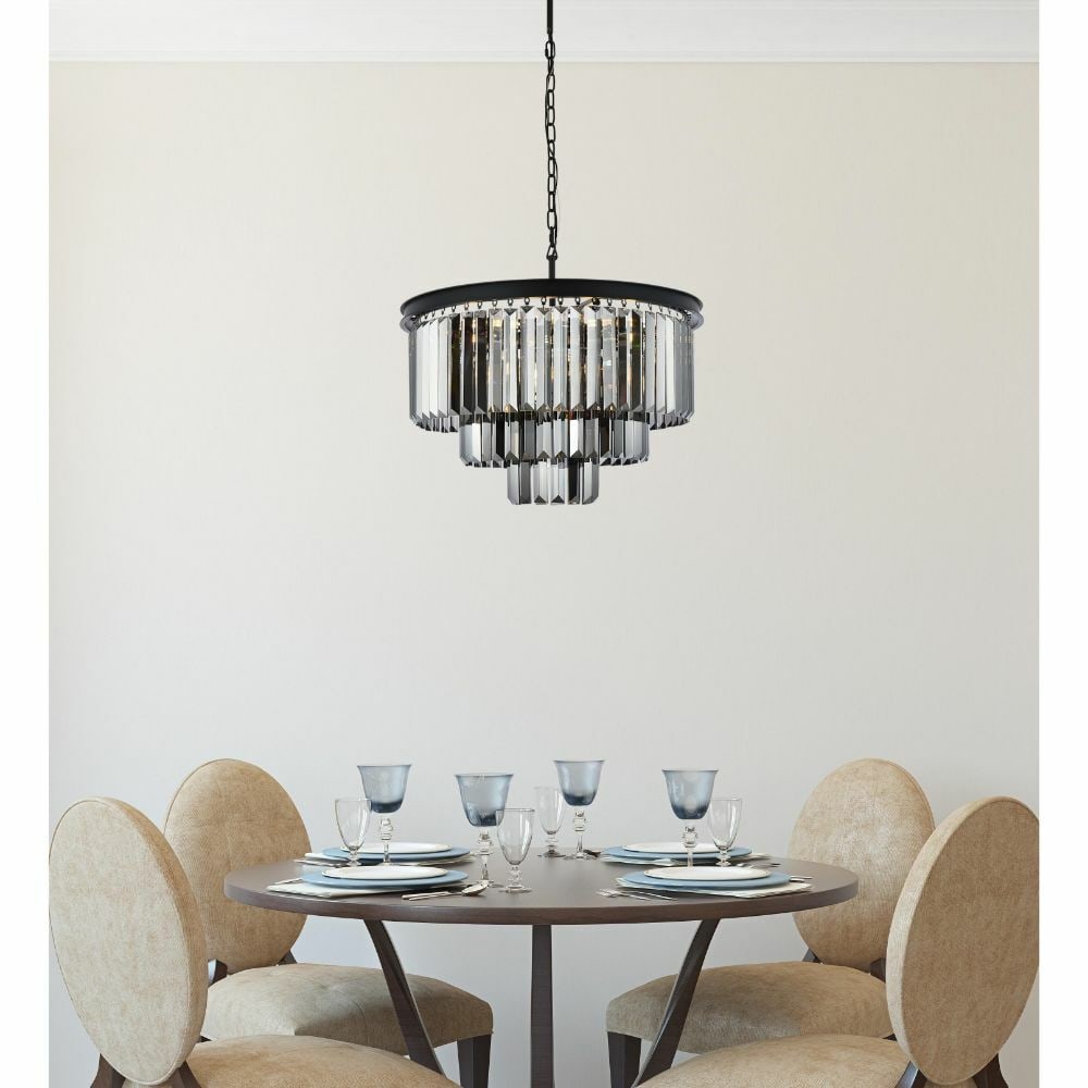 Sydney Modern 9-Light Crystal Chandelier Matte Black 26 Inch Adjustable Pendant: Sydney Modern 9-Light Crystal Chandelier Matte Black 26 Inch Adjustable Pendant This modern chandelier features a matte black frame paired with high-quality royal cut silver shade crystals, creating a