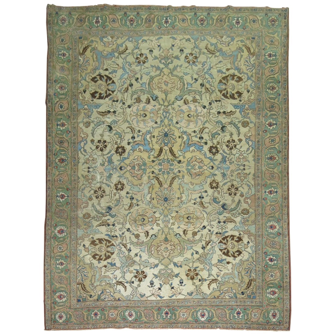 Antique Persian Tabriz Hand-Woven Wool Rug 9' x 12'3'' Early 20th Century: Antique Persian Tabriz Hand-Woven Wool Rug 9' x 12'3'' Early 20th Century This exquisite Antique Persian Tabriz decorative rug showcases a stunning combination of light blue and brown accents set agai