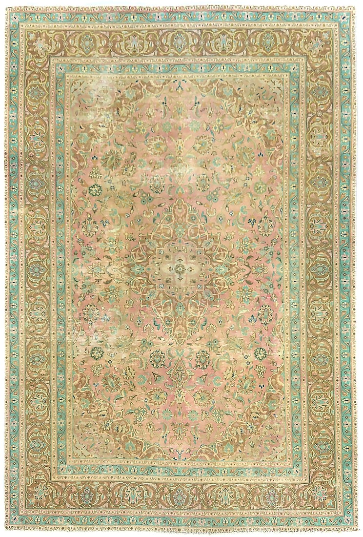 6'3 x 9'4 Hand-Knotted Wool Rug Distressed Floral Motif Semi-Antique: 6'3 x 9'4 Hand-Knotted Wool Rug Distressed Floral Motif Semi-Antique This semi-antique handmade Oriental rug features a distressed floral design in muted tones of pink, brown, beige, cream, green, and