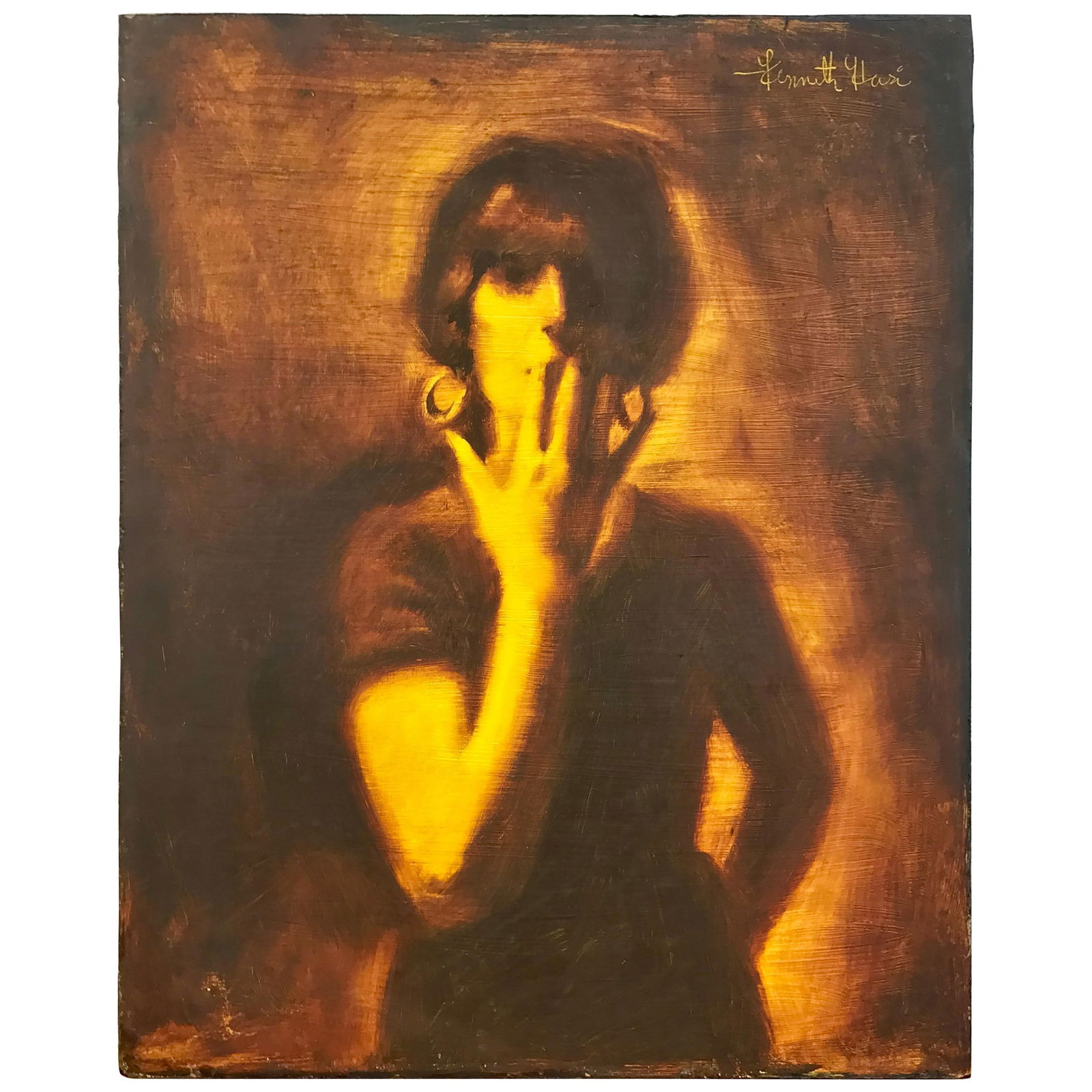 Kenneth Hari Foxy Lady Modern Oil Painting 1960s Signed 20x16: Kenneth Hari Foxy Lady Modern Oil Painting 1960s Signed 20x16 "Foxy Lady" is a captivating oil painting by renowned American artist Kenneth Hari, created in the 1960s. This modern artwork showcases a