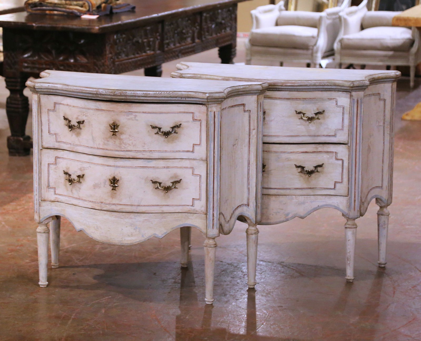 Set of Two French Louis XVI Style Painted Wood Nightstands Circa 1920: Set of Two French Louis XVI Style Painted Wood Nightstands Circa 1920 This pair of early 20th century French Louis XVI Revival nightstands features elegant craftsmanship with hand-carved and hand-pain
