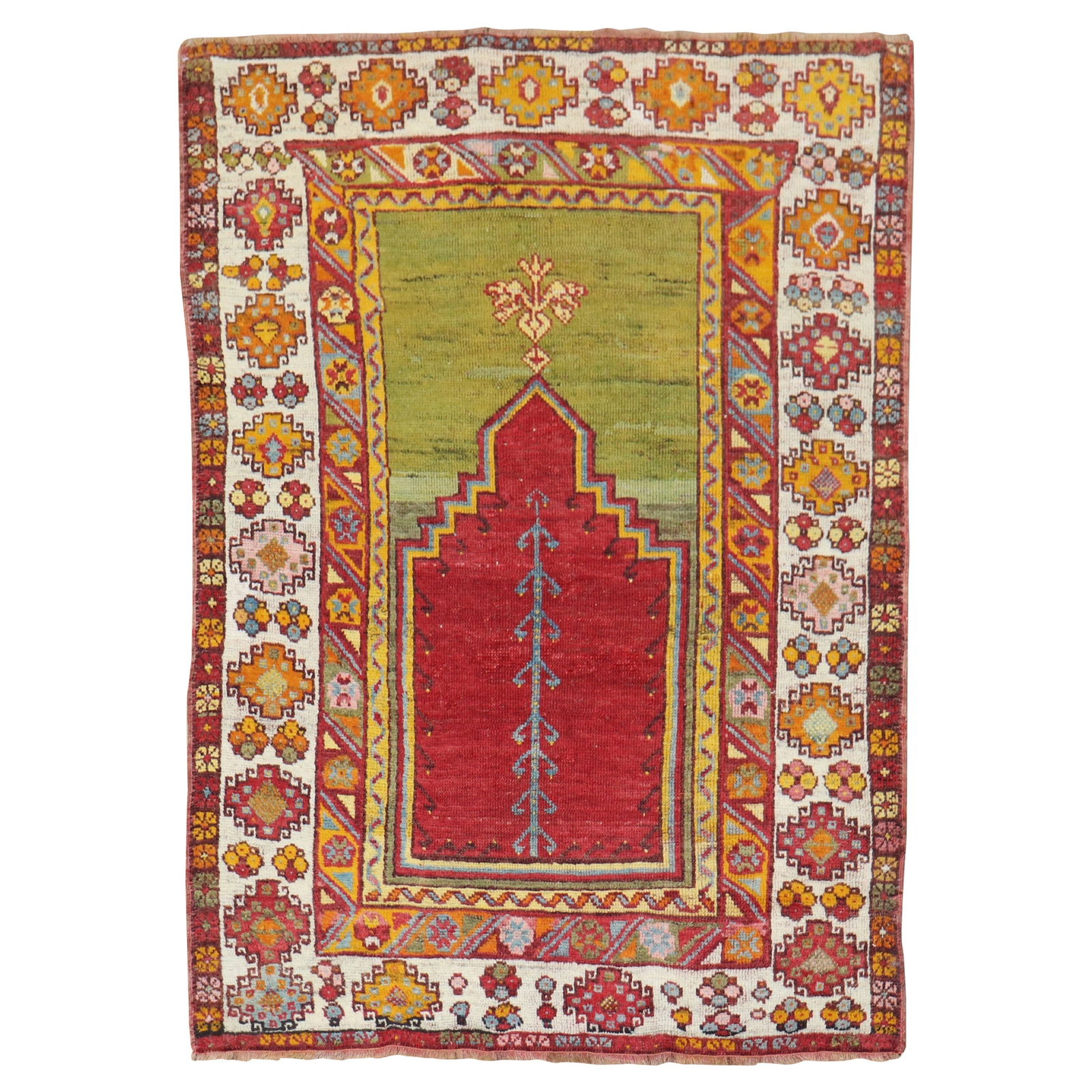 Vibrant Hand-Woven Turkish Prayer Niche Rug 42 x 58 Wool Bohemian Style: Vibrant Hand-Woven Turkish Prayer Niche Rug 42 x 58 Wool Bohemian Style This colorful Turkish prayer niche rug showcases a vibrant mihrab design typical of mid-20th century craftsmanship. Hand-woven f