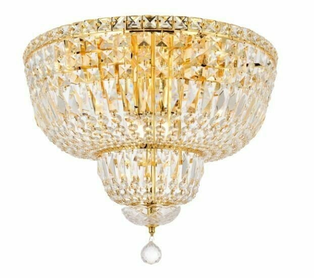 Tranquil 10 Light Gold Flush Mount Crystal Chandelier 20 inch: Tranquil 10 Light Gold Flush Mount Crystal Chandelier 20 inch Illuminate your living space with this elegant 10-light flush mount crystal chandelier. Featuring a stunning gold finish and royal cut cle