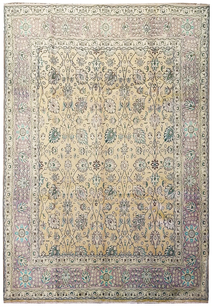 Vintage Persian Tabriz Area Rug 10' x 13' Beige Gold Lavender Hand-Knotted: Vintage Persian Tabriz Area Rug 10' x 13' Beige Gold Lavender Hand-Knotted Free continental US Shipping Elevate your home decor with this stunning Vintage Persian Tabriz Rug, measuring 10' x 13'. This