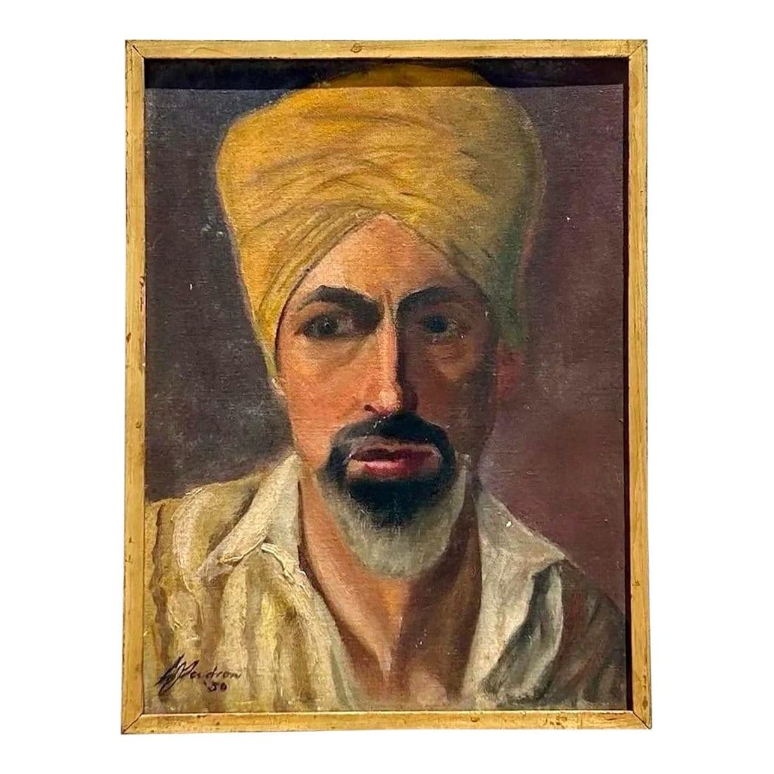 Earthy Bohemian Male Portrait Painting on Masonite Board: Earthy Bohemian Male Portrait Painting on Masonite Board Vintage portrait of a man rendered on board, featuring warm earthy tones and set against a dark background. The subject wears a turban and shir